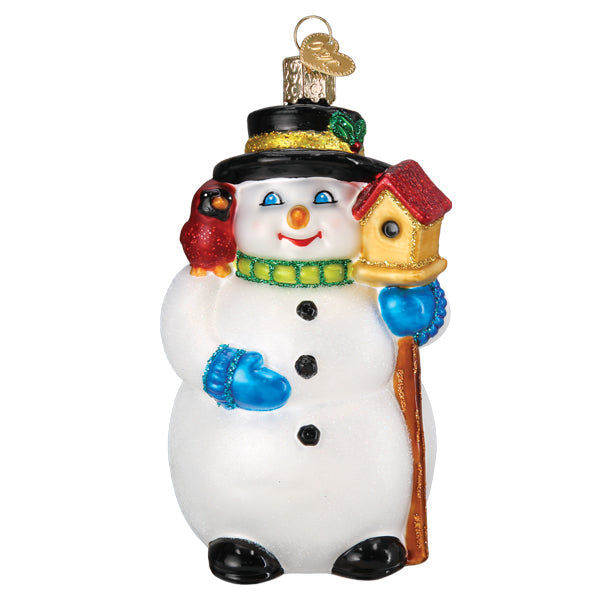 Front of the snowman ornament with a red cardinal on his shoulder and a birdhouse staff, on white