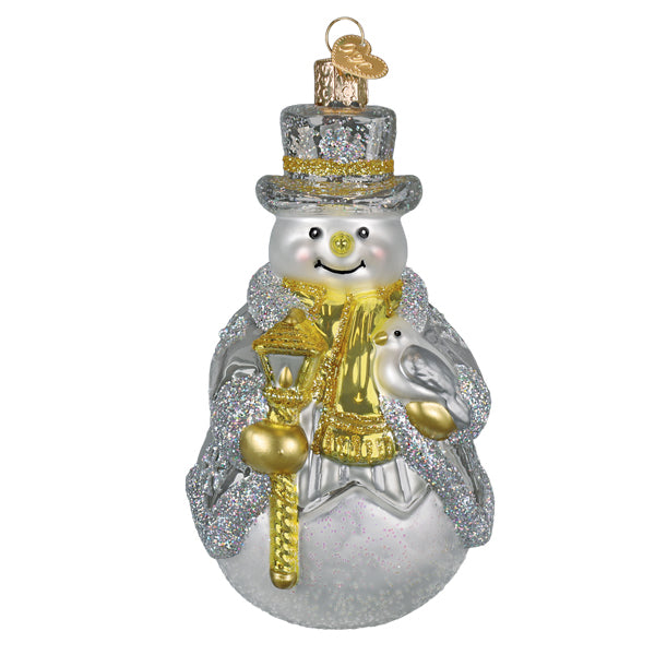 Front of the silver snowman ornament in a top hat and gold scarf with a gold staff, on white