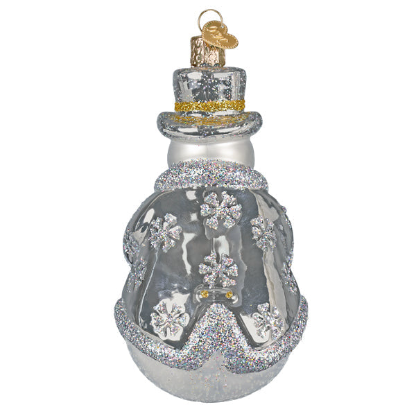Back of the sterling snowman ornament showing a silver coat patterned with snowflakes