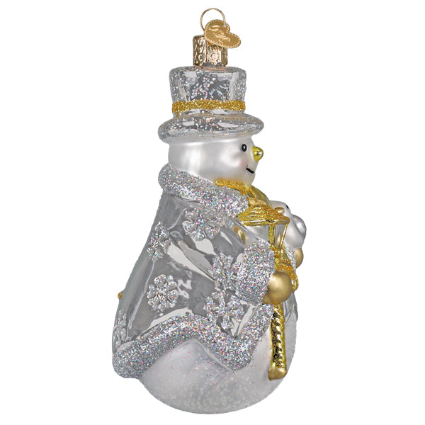 Side of the sterling snowman ornament with his gold scarf and silver coat