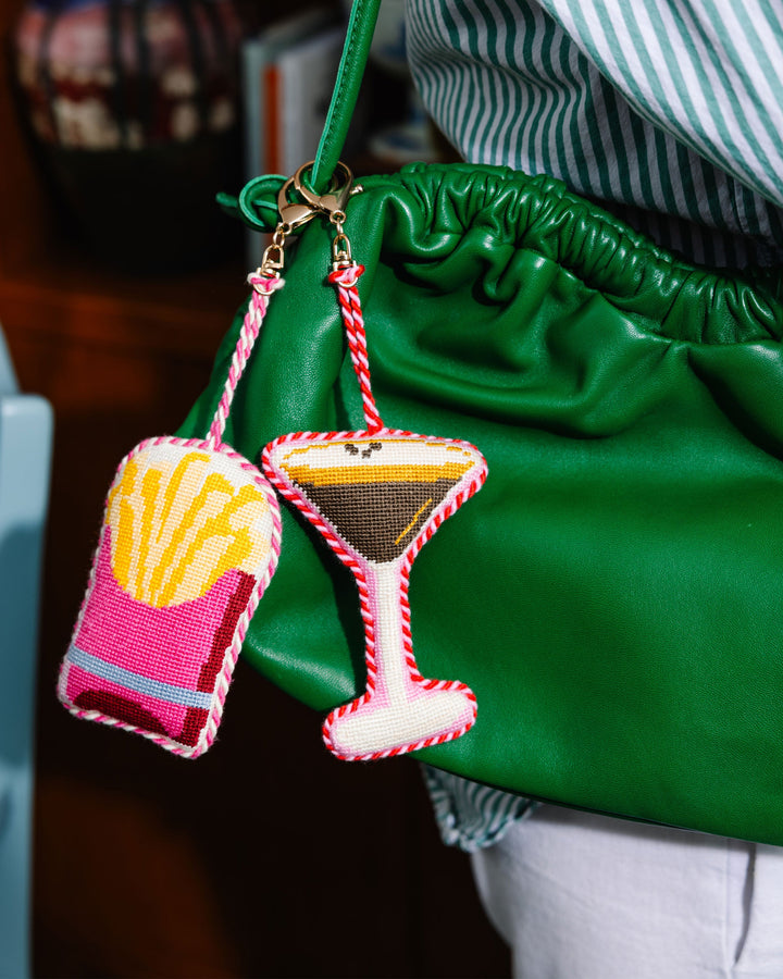 Espresso martini needlepoint charm for totes, backpacks, and keyrings