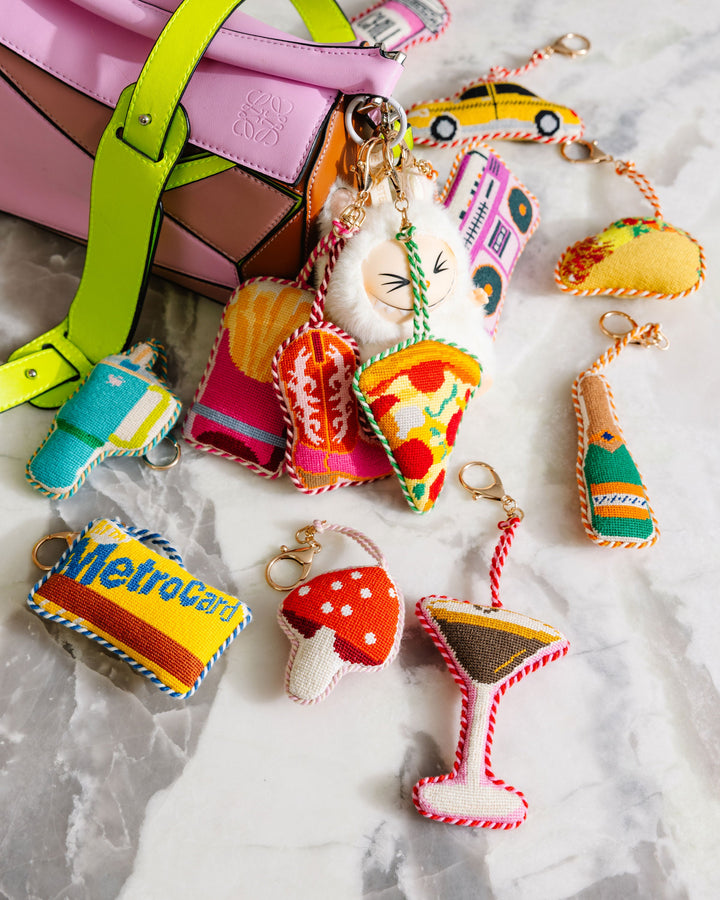Taco shaped needlepoint charm for totes, backpacks, and keyrings
