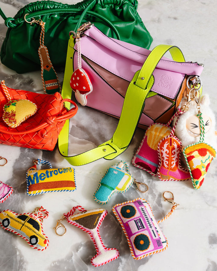 Taxi cab needlepoint charm for totes, carry-ons, and keyrings