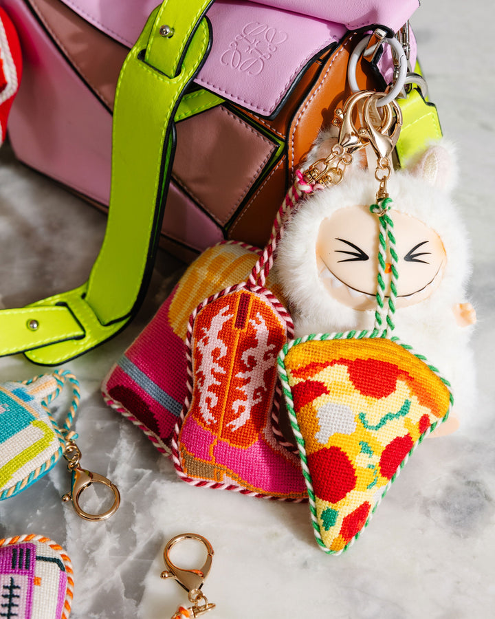 Pizza slice needlepoint charm for totes, backpacks, and keyrings