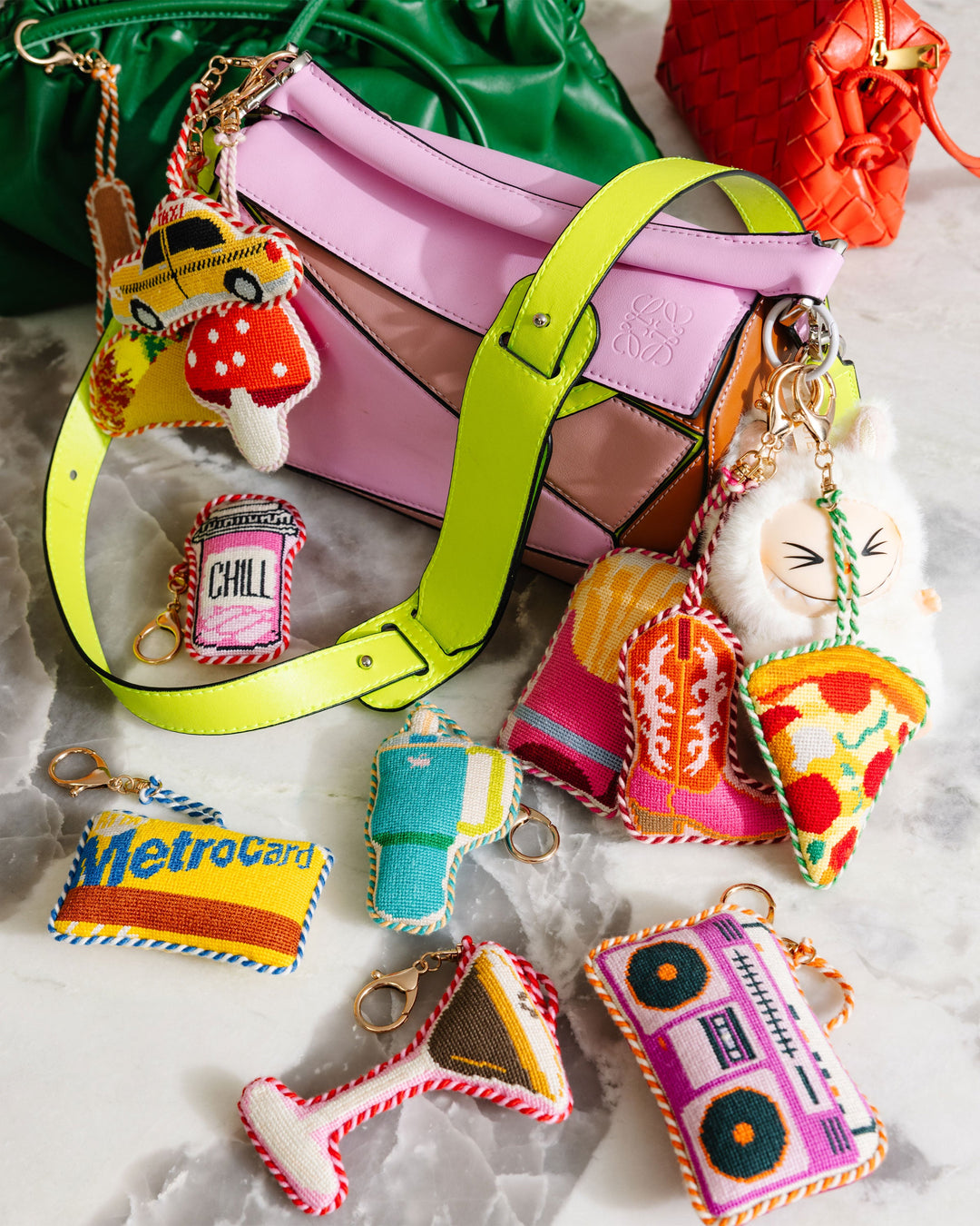 Espresso martini needlepoint charm for totes, backpacks, and keyrings
