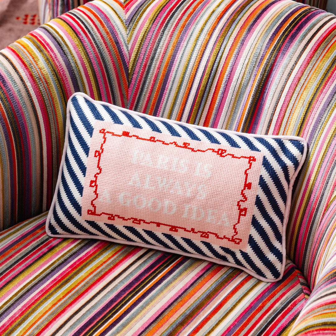 Paris Needlepoint Pillow Furbish Studio Needlepoint Paris Needlepoint Pillow Bonjour Fete - Party Supplies