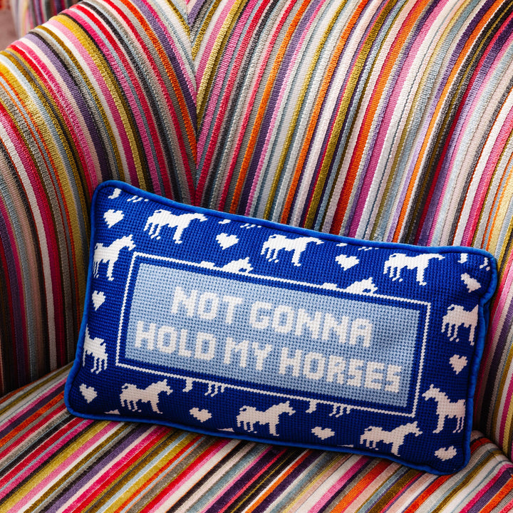 HOLD BY HORSES NEEDLEPOINT PILLOW Furbish Studio Needlepoint HOLD BY HORSES NEEDLEPOINT PILLOW Bonjour Fete - Party Supplies