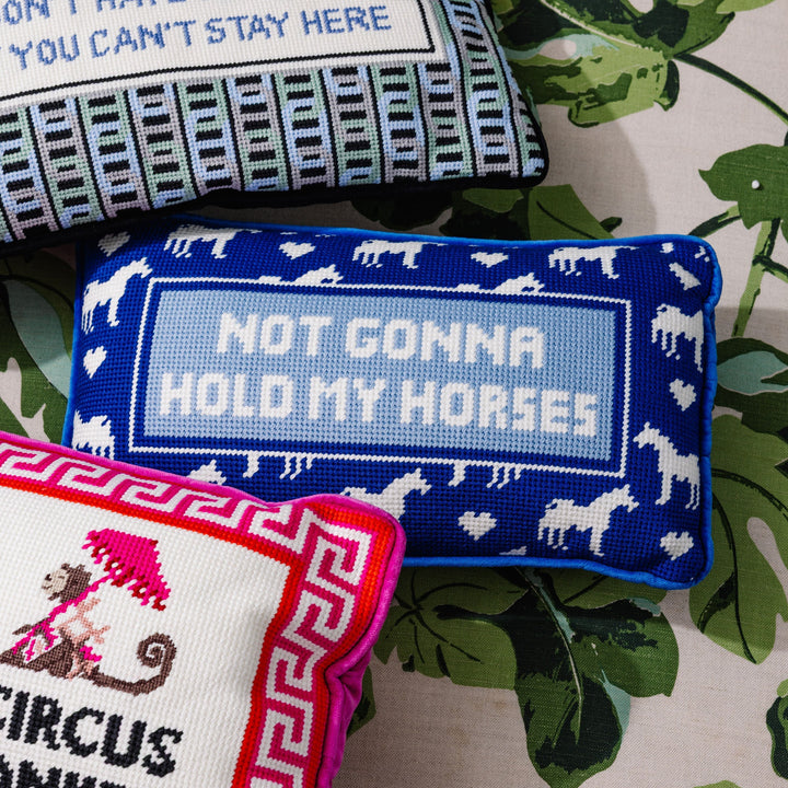 HOLD BY HORSES NEEDLEPOINT PILLOW Furbish Studio Needlepoint HOLD BY HORSES NEEDLEPOINT PILLOW Bonjour Fete - Party Supplies