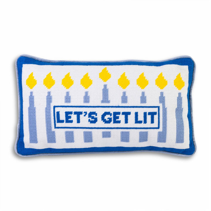 Let's Get Lit Hanukkah needlepoint pillow with menorah candles and a blue border for a Hanukkah gift or home decor