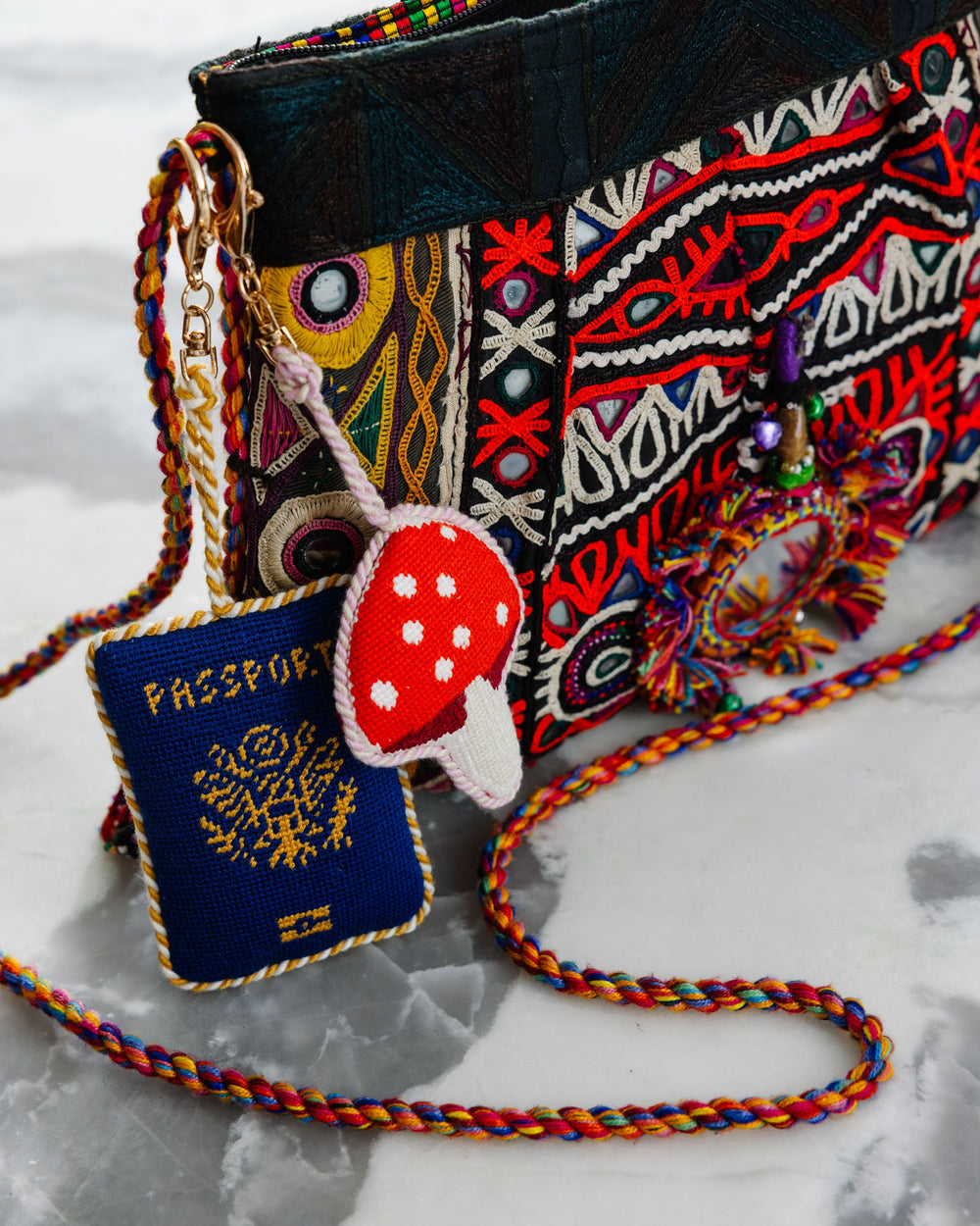 Passport needlepoint charm for totes, carry-ons, and keyrings