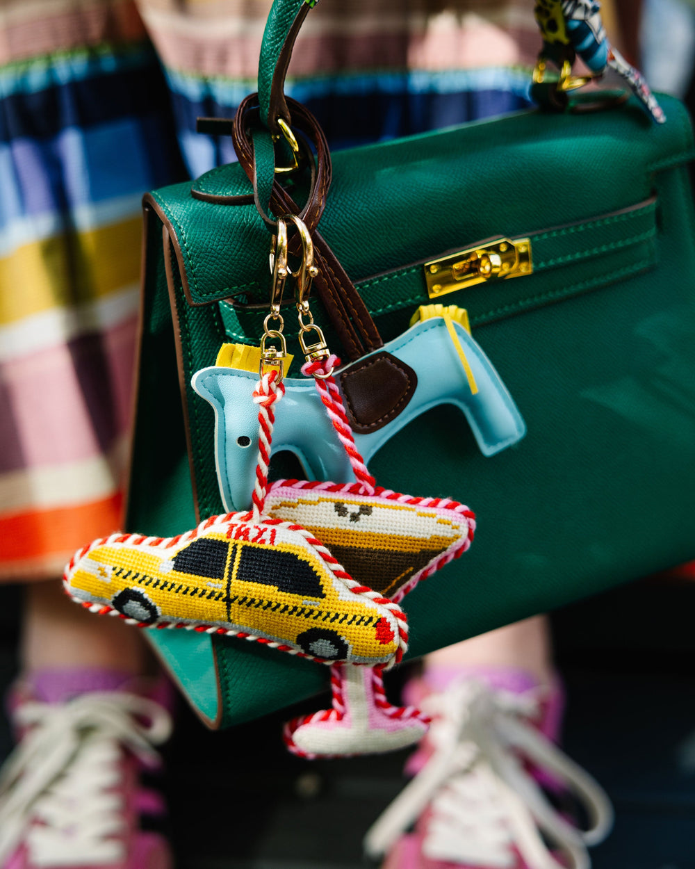 Taxi cab needlepoint charm for totes, carry-ons, and keyrings