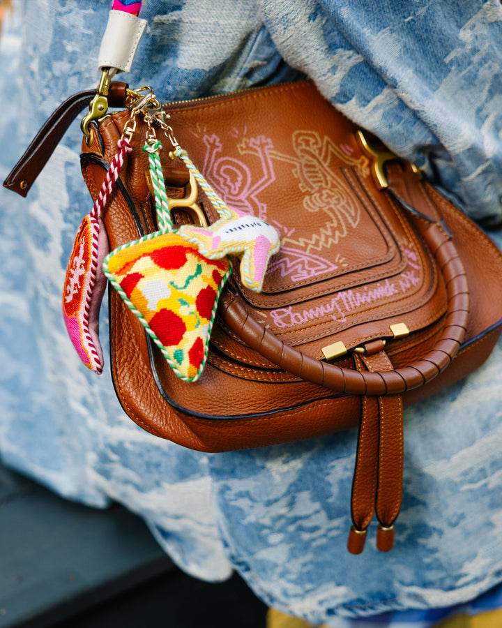 Pizza slice needlepoint charm for totes, backpacks, and keyrings