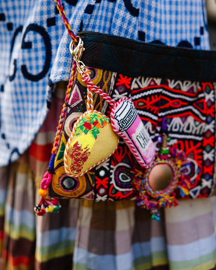Taco shaped needlepoint charm for totes, backpacks, and keyrings