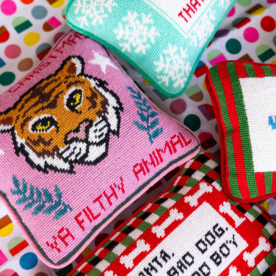 Filthy Animal Needlepoint Pillow Bonjour Fete Party Supplies Holiday Pillows & Linens
