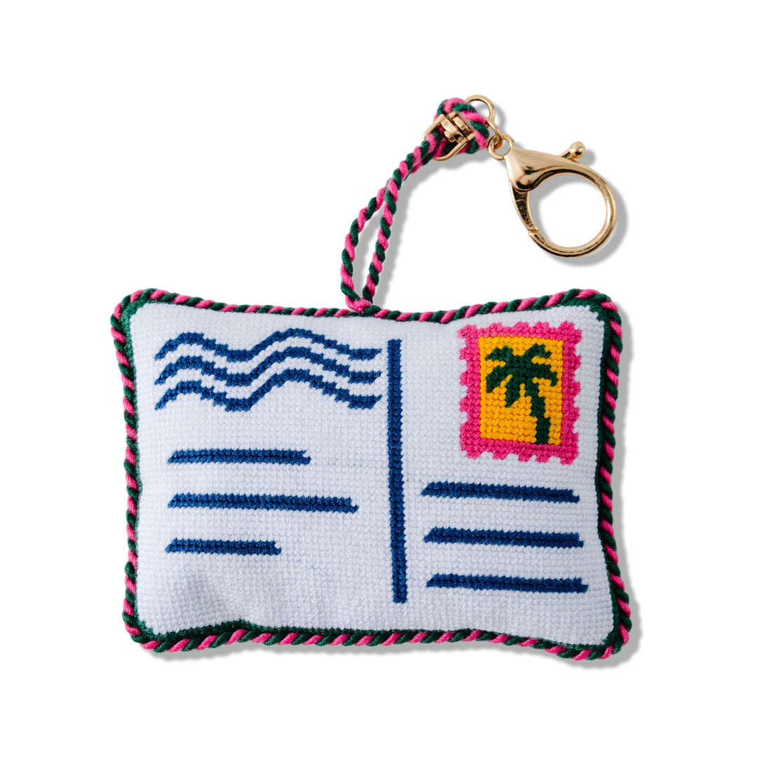 Needlepoint postcard bag charm with a lobster clasp