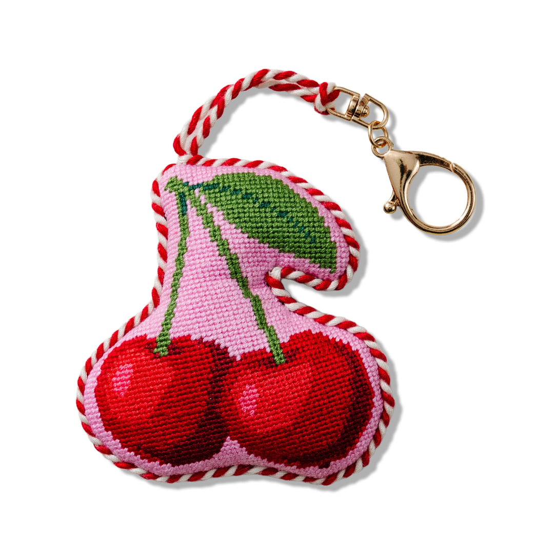 Needlepoint cherry bag charm with a lobster clasp