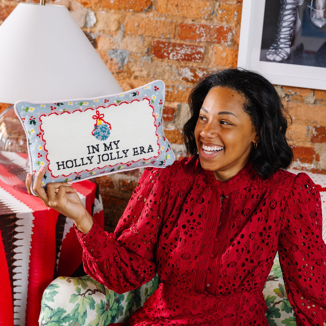 Holly Jolly Era Needlepoint Pillow Furbish Studio Holiday Needlepoint Holly Jolly Era Needlepoint Pillow Bonjour Fete - Party Supplies