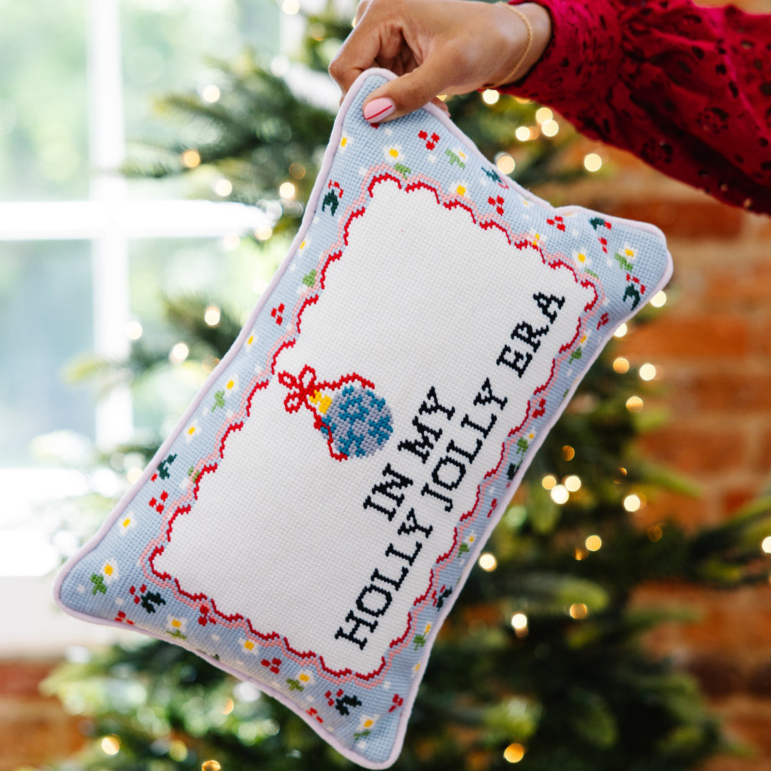 Holly Jolly Era Needlepoint Pillow Furbish Studio Holiday Needlepoint Holly Jolly Era Needlepoint Pillow Bonjour Fete - Party Supplies