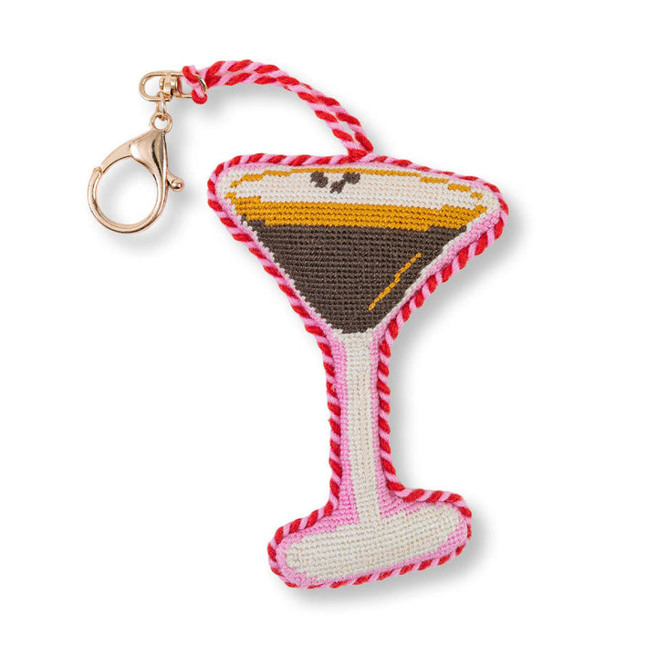 Needlepoint espresso martini bag charm with a lobster clasp