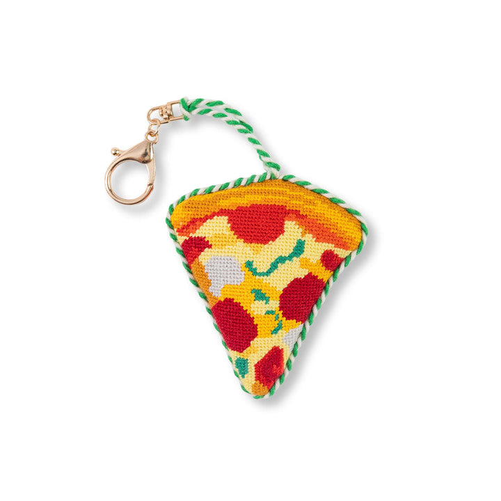 Needlepoint pizza slice bag charm with a lobster clasp