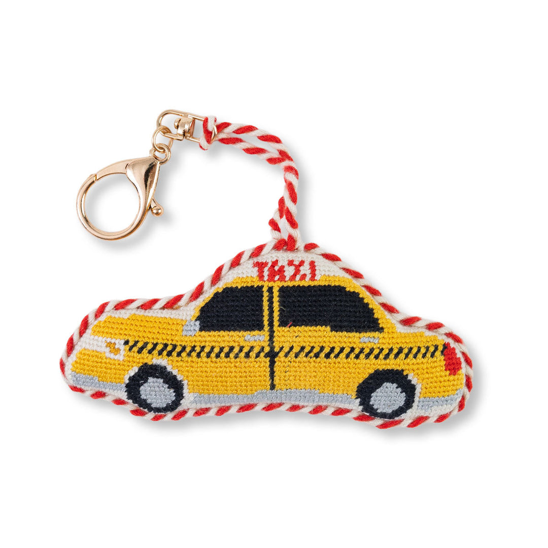 Needlepoint yellow taxi cab bag charm with a lobster clasp