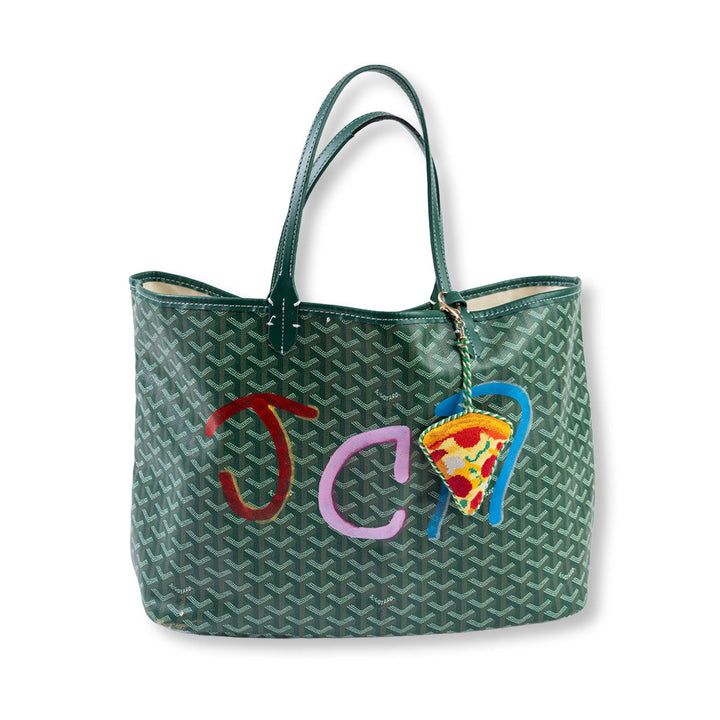 Needlepoint pizza slice bag charm with a lobster clasp