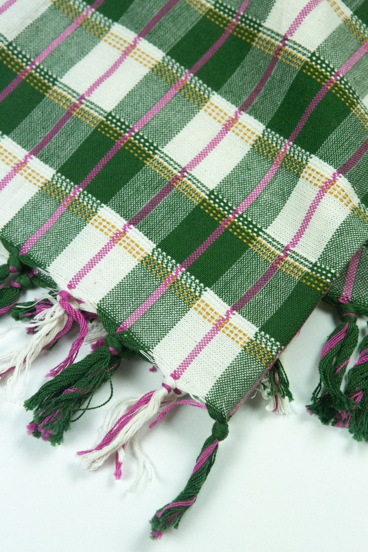 Close-up of the fringed edge of the green and white plaid towel showing pink and ochre threads