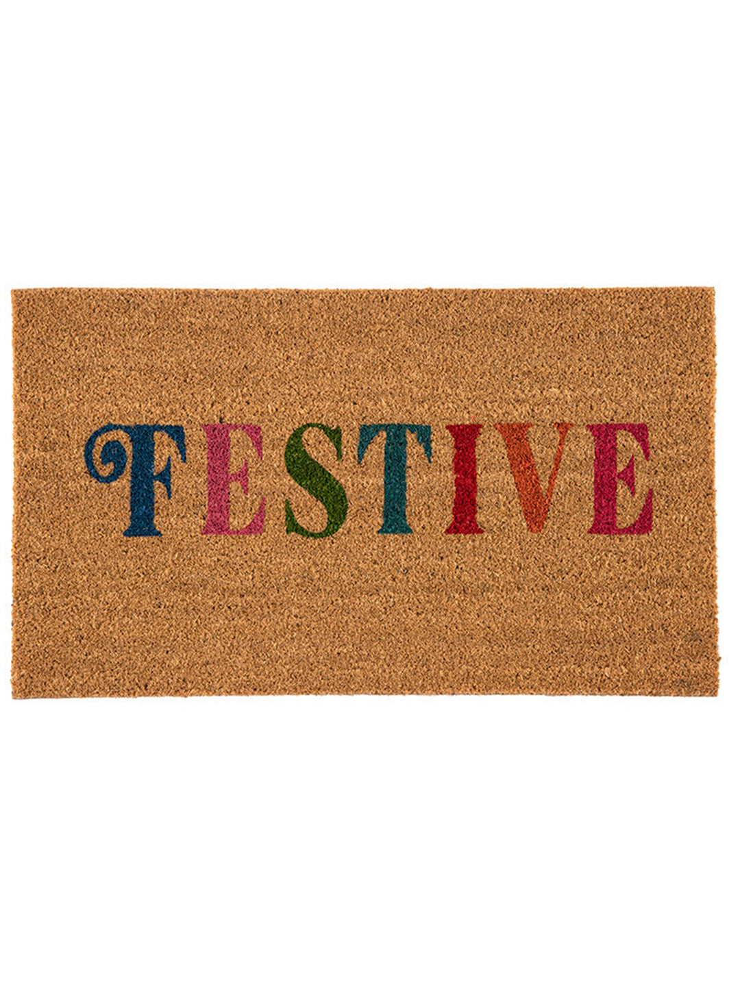 Festive coir doormat with colorful lettering on white