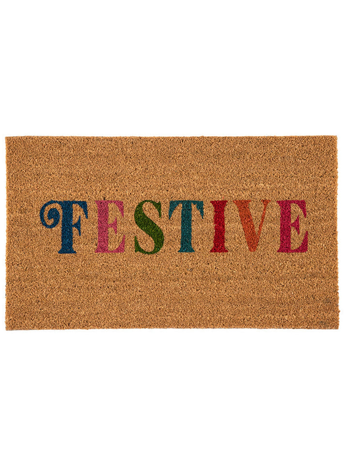 Festive coir doormat with colorful lettering on white