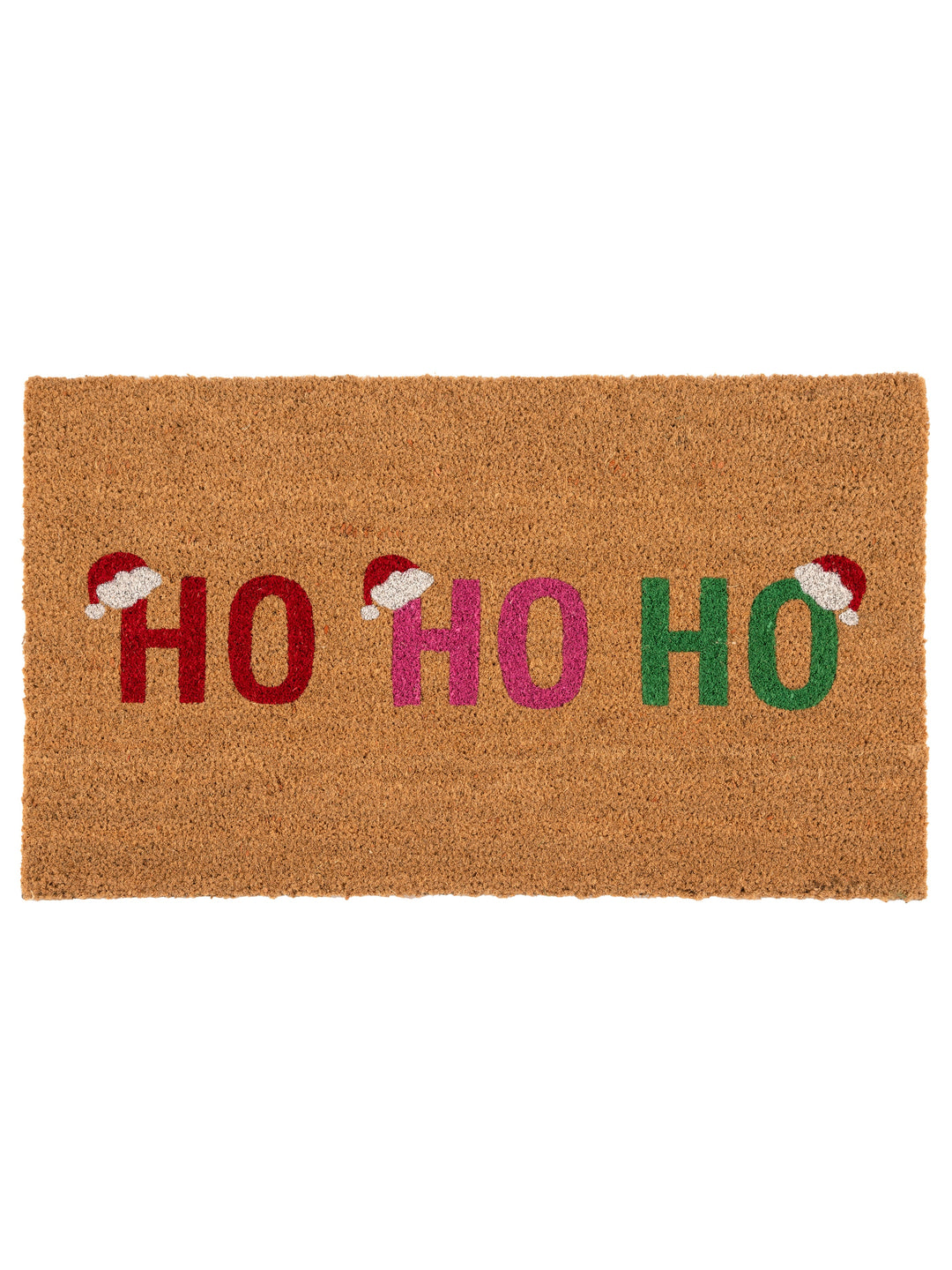 Ho Ho Ho coir doormat with Santa hats on each H