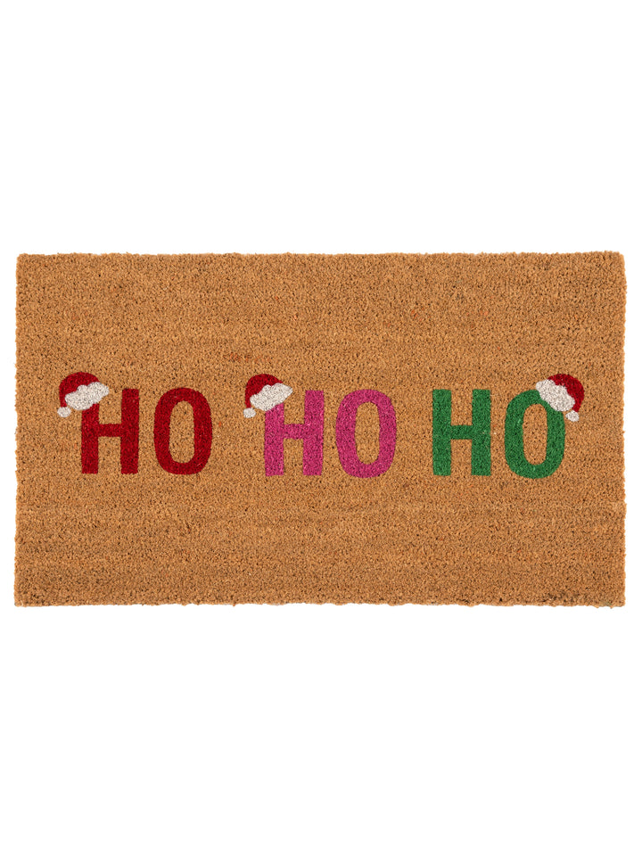 Ho Ho Ho coir doormat with Santa hats on each H