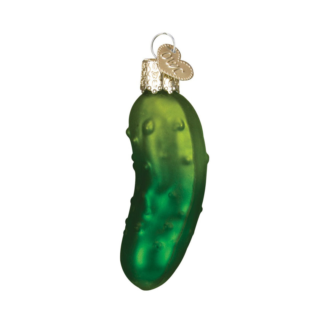 Classic green glass Christmas pickle ornament with a glossy bumpy finish, on white