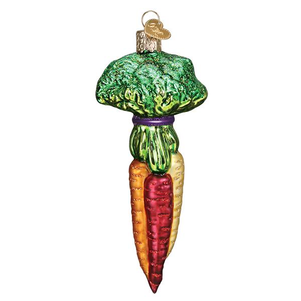 Rainbow carrots ornament with orange, red, and yellow glittered carrots under a leafy green top, front view