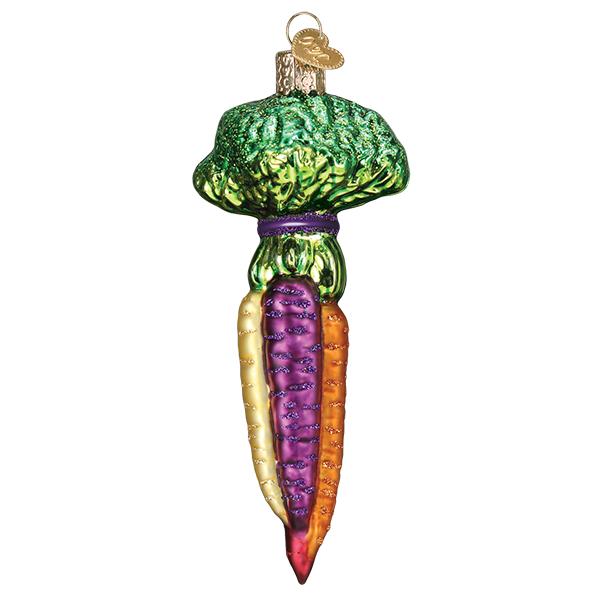Back of the rainbow carrots ornament showing purple, yellow, and orange carrots tied with a purple band