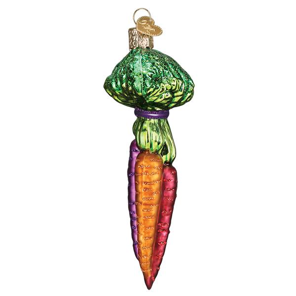 Rainbow carrots ornament from the side, orange and purple carrots below the green leafy crown