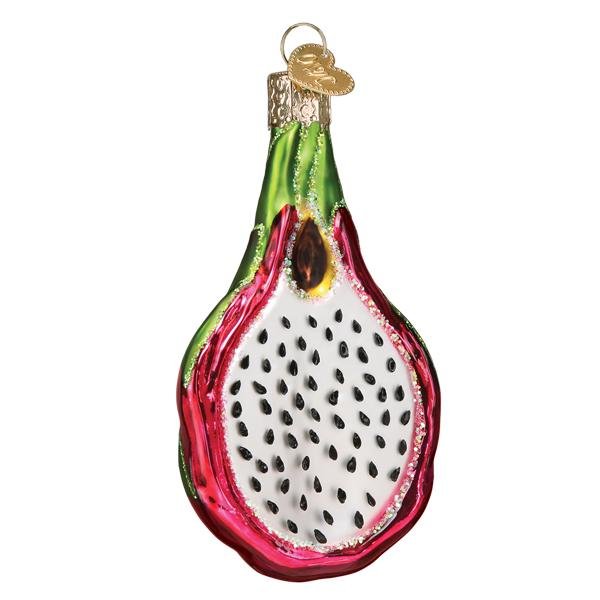 Front of the sliced dragon fruit ornament with seeded white flesh and a hot pink skin, on white