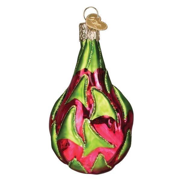 Back of the dragon fruit ornament showing pink skin with green-tipped scales, on white