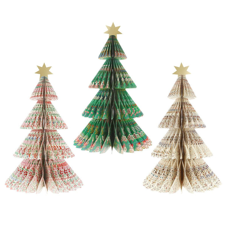 Meri Meri X Liberty Paper Honeycomb Trees on white background, 3D tissue paper Christmas trees with Liberty floral print