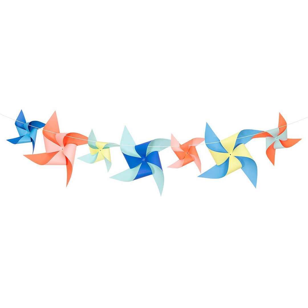 Giant Pinwheel Garland Kit assembled showing the large colorful pinwheels for a birthday or festival party