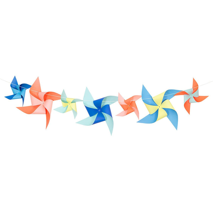 Giant Pinwheel Garland Kit assembled showing the large colorful pinwheels for a birthday or festival party