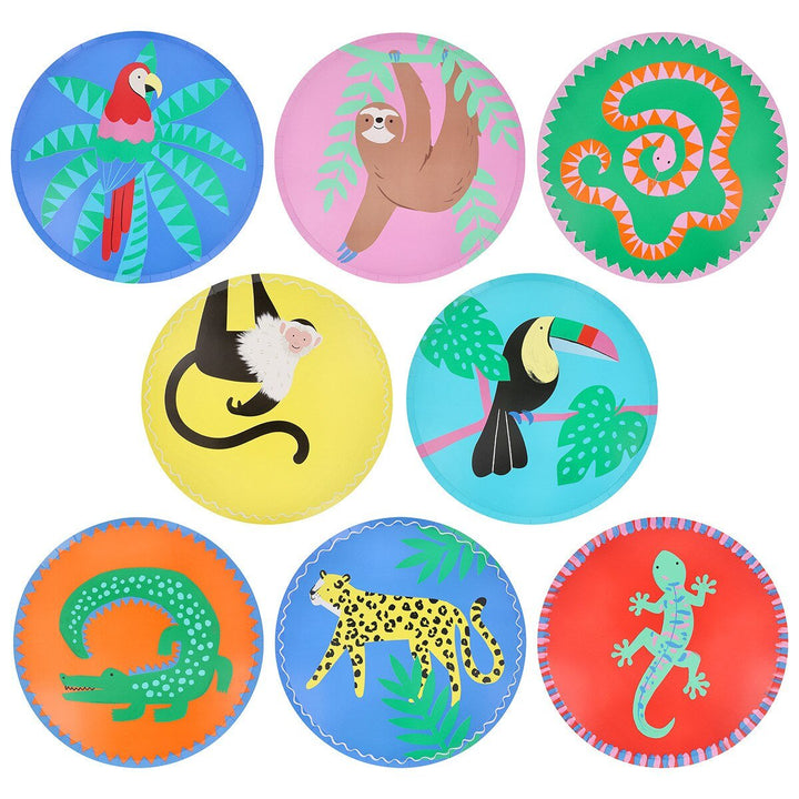 Meri Meri Jungle Jamboree dinner plates on white background with colorful illustrated jungle animals for safari birthdays