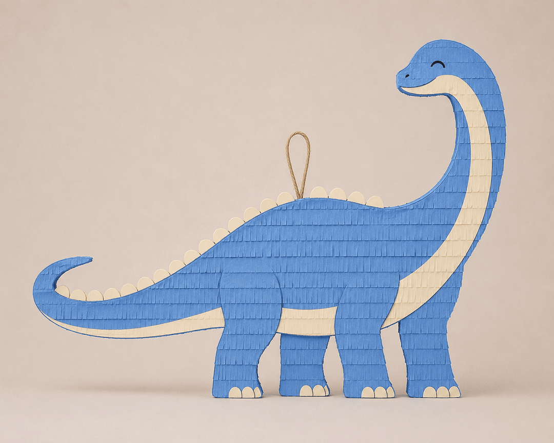 Blue brachiosaurus long neck dinosaur piñata with a cream belly and hanging loop, on a beige backdrop for a dino birthday