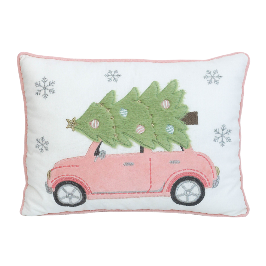 Pink Retro Car Christmas Lumbar Pillow by Mon Ami