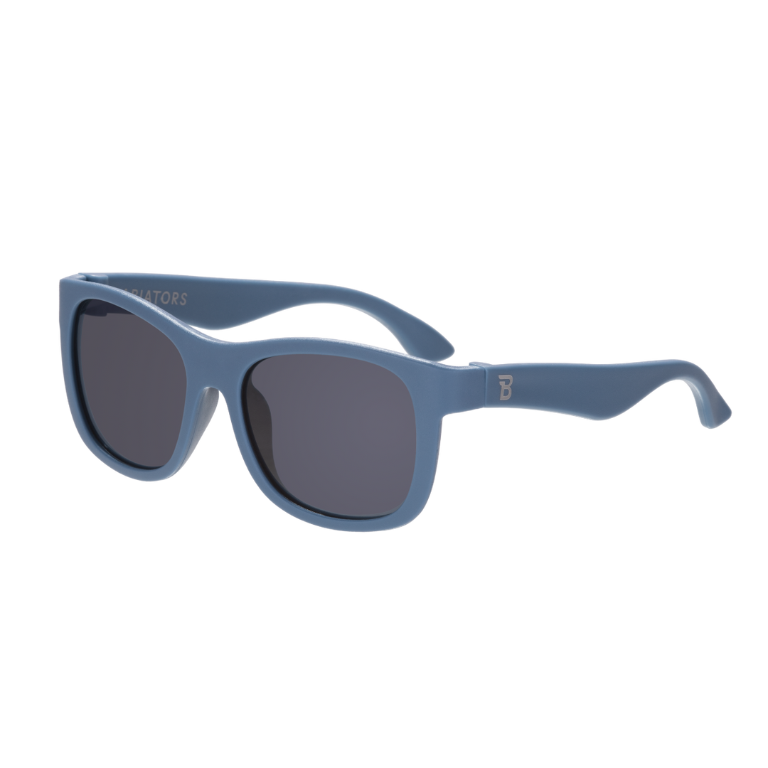 Kids blue eco aviator sunglasses with smoke lenses and flexible recycled frames for beach and outdoor play, ages 0 to 6 and up.