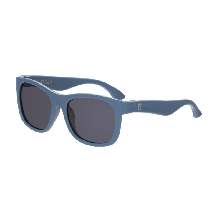 Kids blue eco aviator sunglasses with smoke lenses and flexible recycled frames for beach and outdoor play, ages 0 to 6 and up.