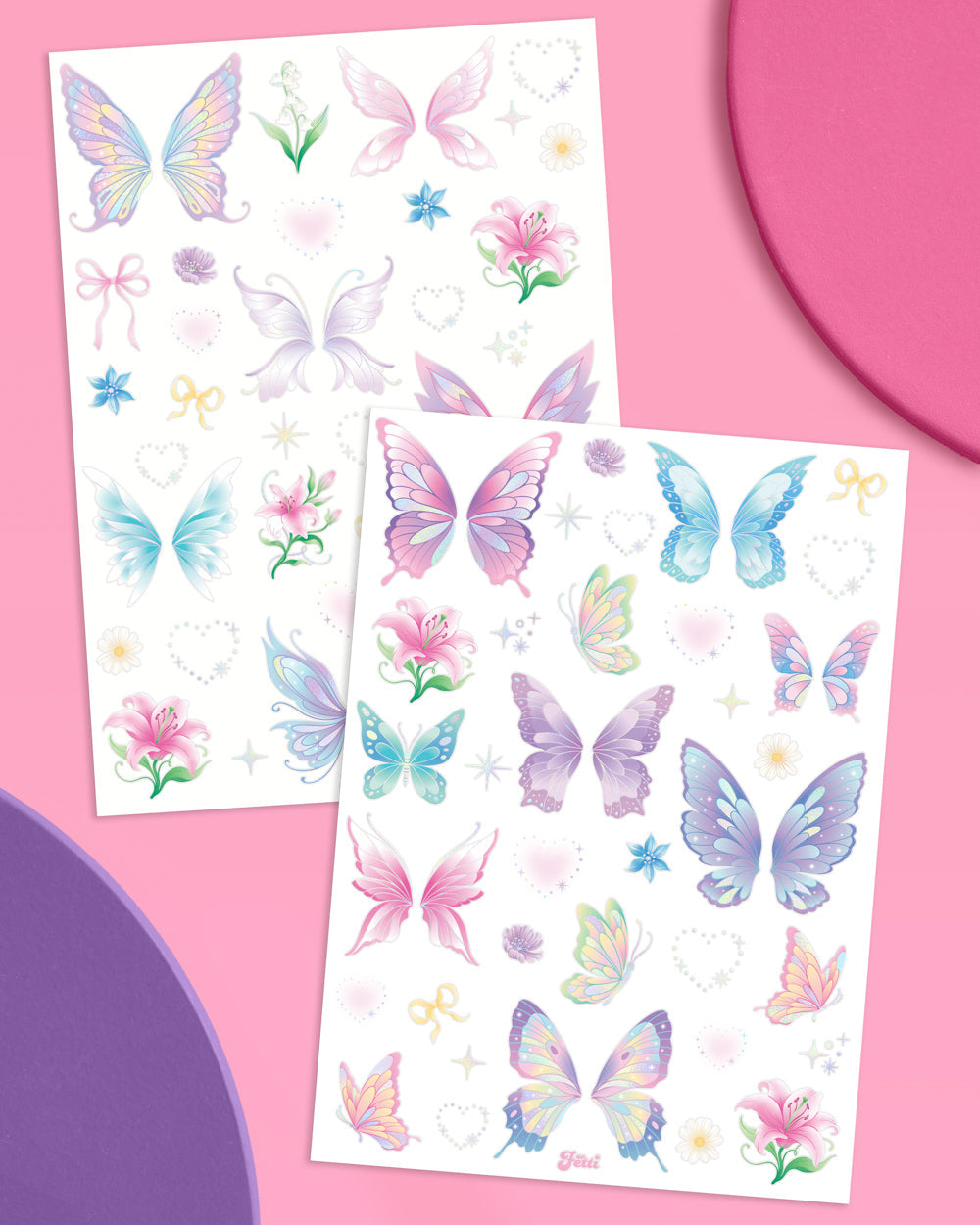 Two sheets of pastel pink, purple, and blue butterfly temporary tattoos with flowers and bows