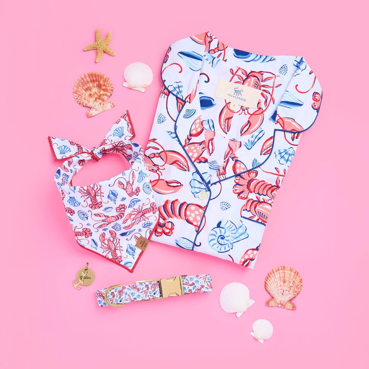 Lobster print dog collar styled in a summer lookbook