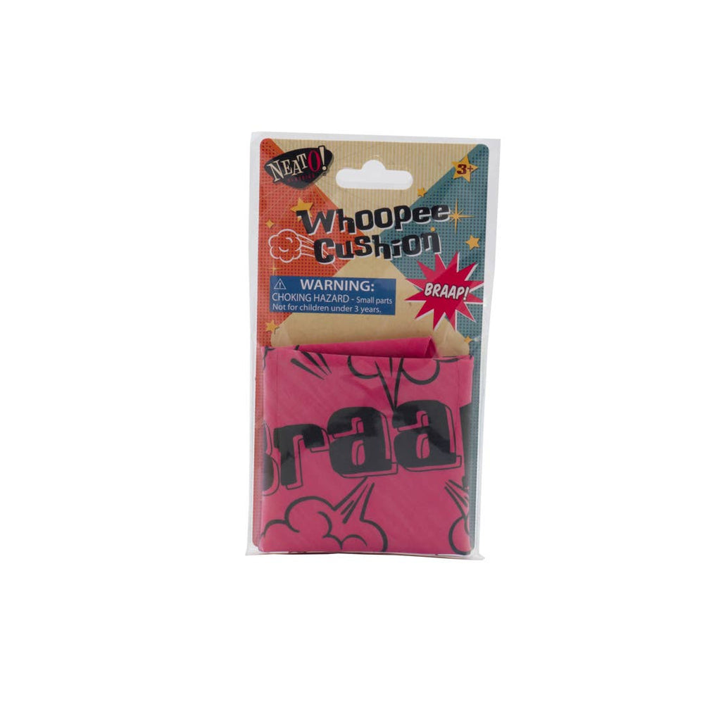 Neato Whoopee Cushion in retro carded packaging with pink cushion peeking out, a kids party favor prank