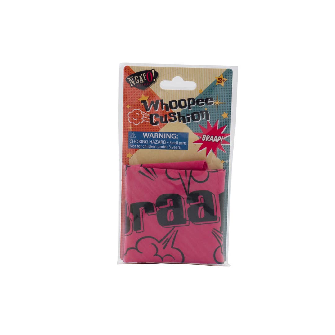 Neato Whoopee Cushion in retro carded packaging with pink cushion peeking out, a kids party favor prank