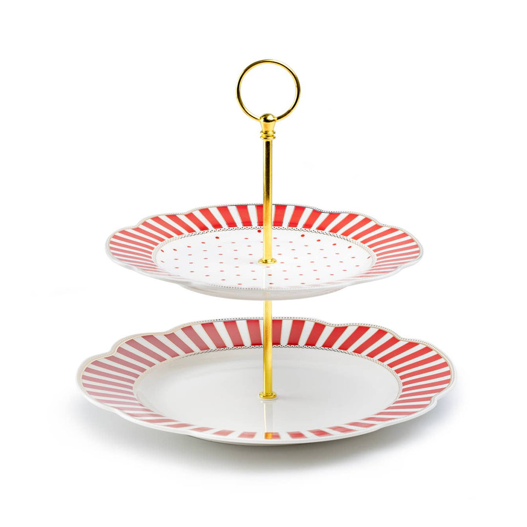 Red Josephine Stripes and Dots Fine Porcelain 2-Tier Server Grace Teaware Red Josephine Stripes and Dots Fine Porcelain 2-Tier Server Bonjour Fete - Party Supplies